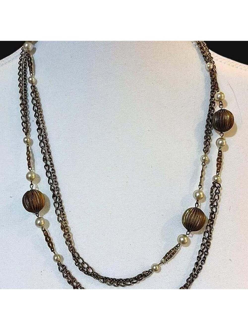 Vintage Style Long Chain Necklace with Faux Pearls and Bronze Beads